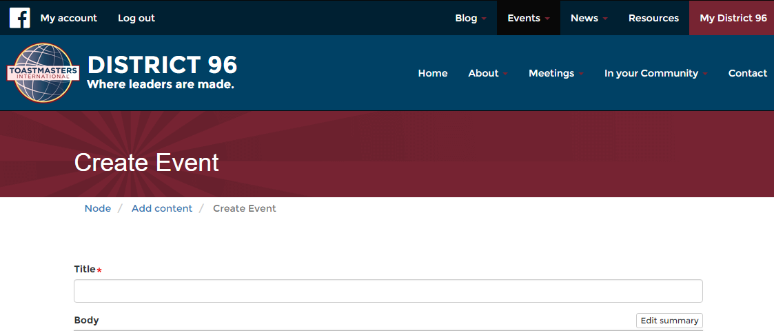 Screen Shot of the Create Event Page.