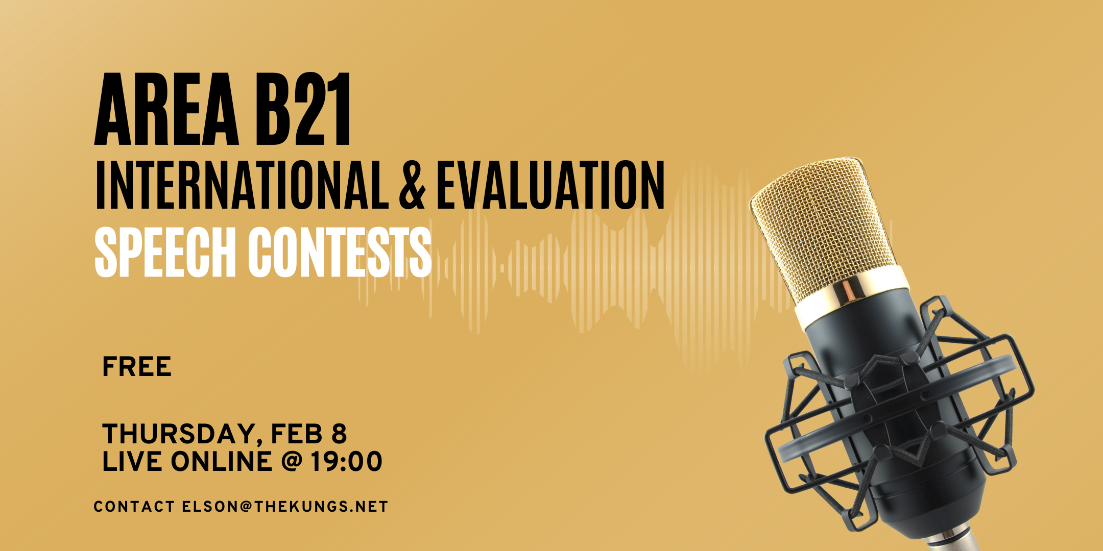 Image with a microphone, the contest name, date and time. Gold background.