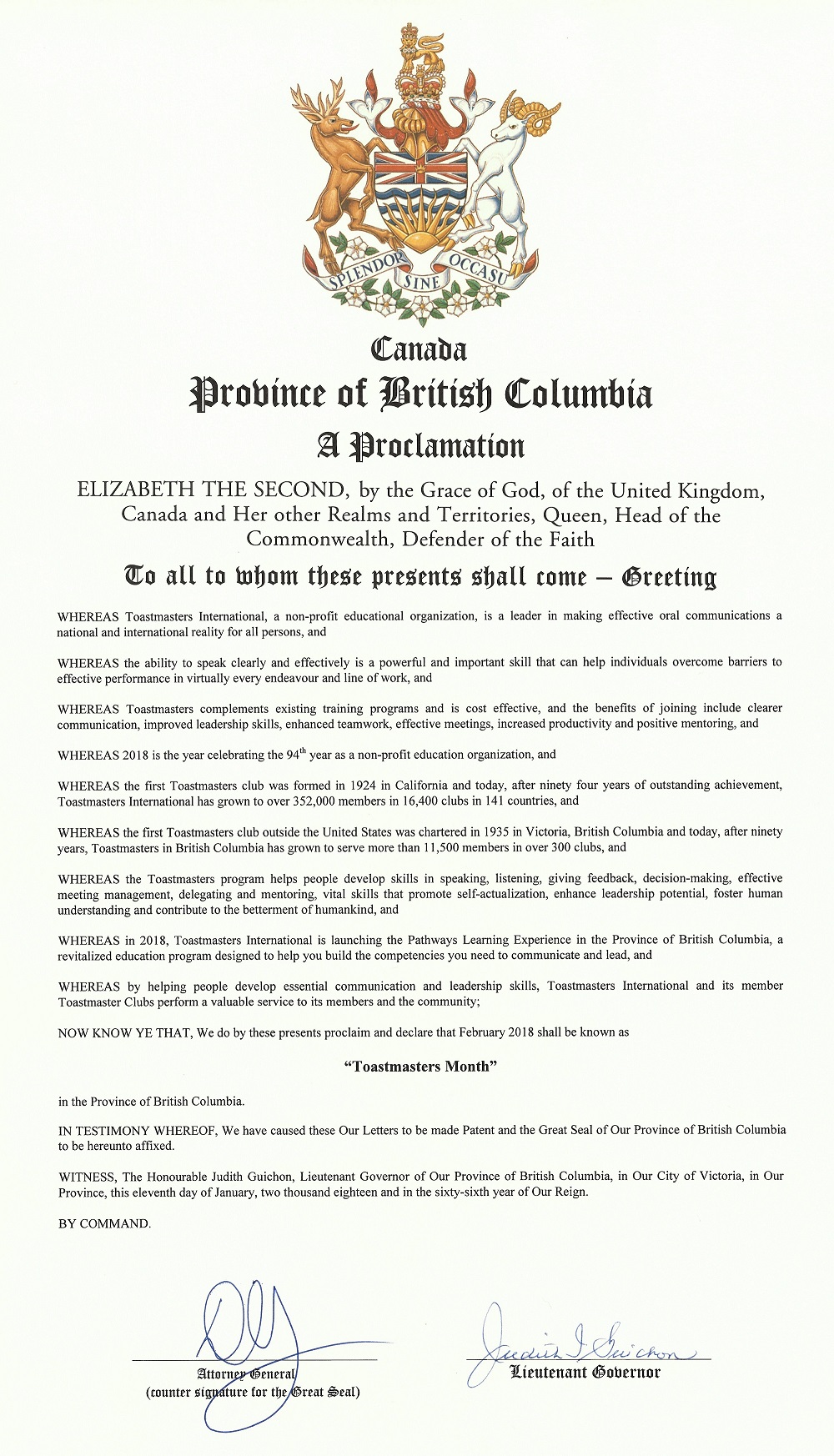 Province of British Columbia Proclamation Proclaiming that February 2018 shall be known as "Toastmasters Month" in the Province of British Columbia!