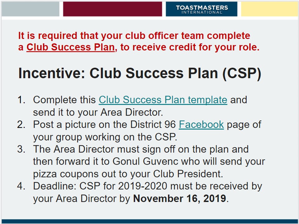 Club Success Plan incentive - deadline November 16, 2019