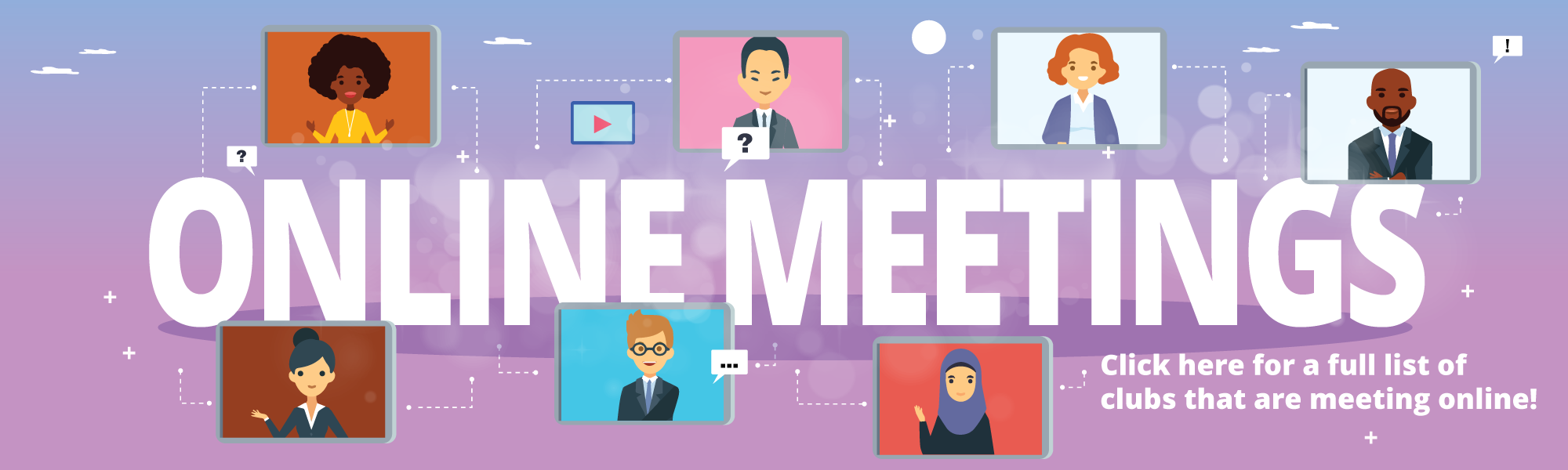 Images of people on a screen surrounding the words "Online Meetings" 