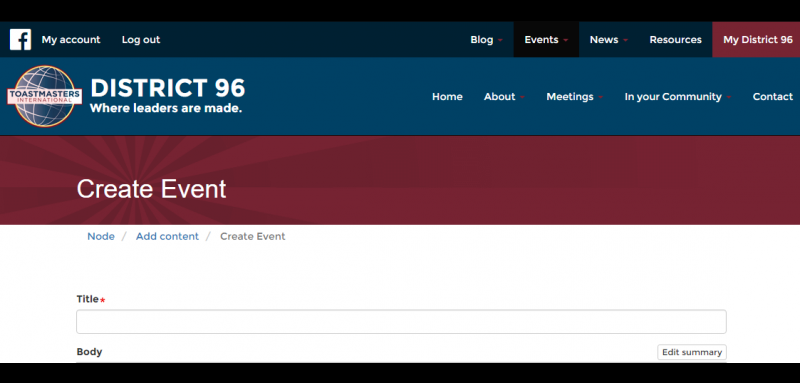 Screen Shot of the Create Event Page.