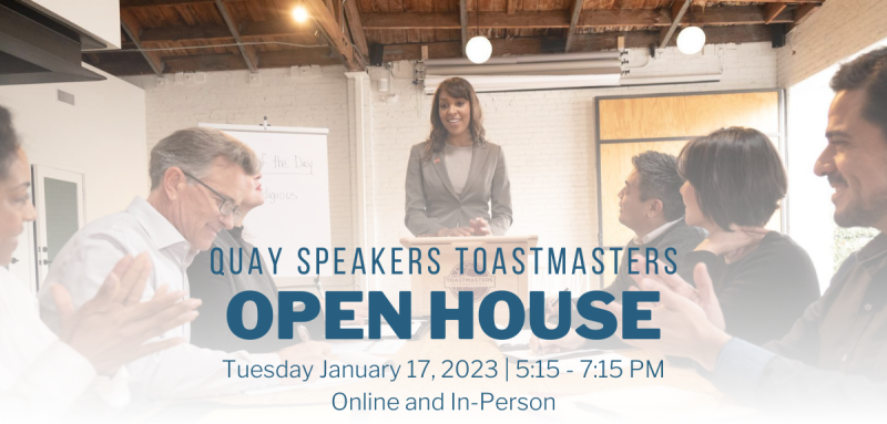 People around a meeting table with text overlaid: Quay Speakers Toastmasters Open House, January 17, 2023, 5:15 PM