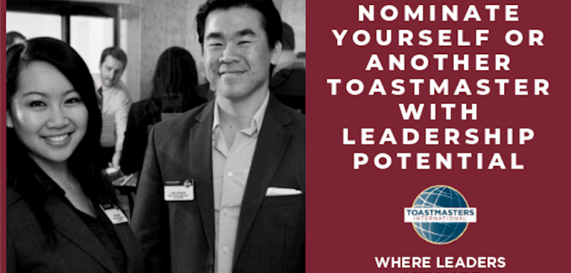 Black and white photo of two toastmasters.  The text says "Nominate yourself or another Toastmasters with leadership potential."