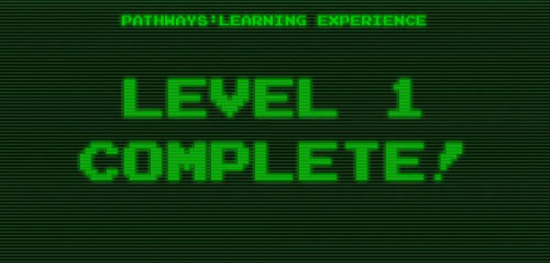 The words "Level 1 Complete" in styled to look like the words on an old green computer screen. 
